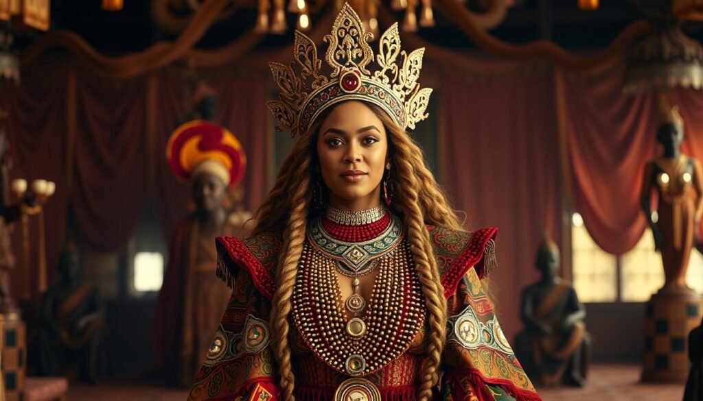 Still from Beyoncé's 'Black Is King' visual album showcasing African cultural heritage and Black excellence