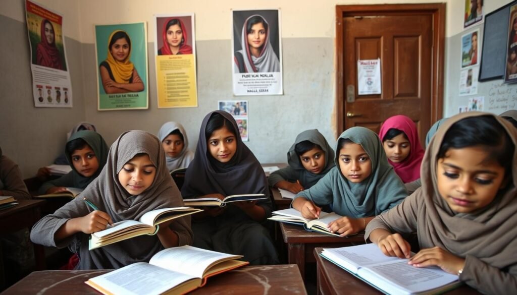Young girls inspired by Malala studying in a newly opened school in a developing region Young girls inspired by Malala studying in a newly opened school in a developing region