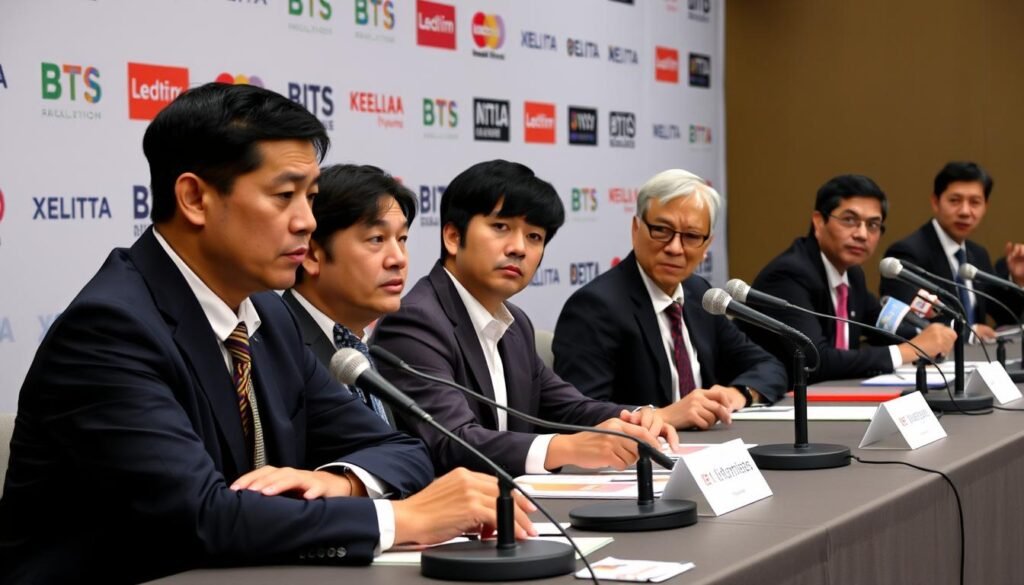BTS members at a press conference addressing challenges during their K-Pop takeover journey