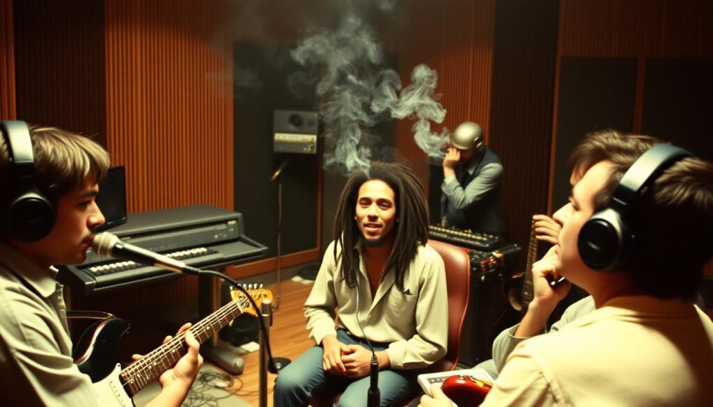 Bob Marley in the recording studio crafting revolutionary music, showing the creative process behind Bob Marley Reggae and Revolution