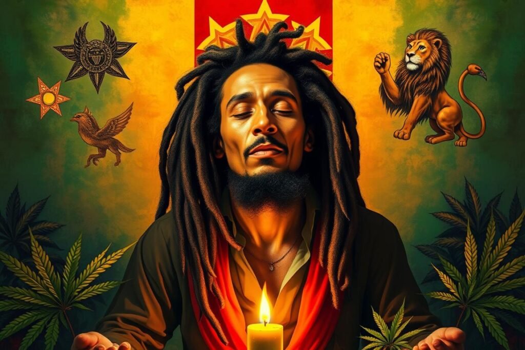 Bob Marley meditating with Rastafarian symbols and colors surrounding him, representing the spiritual dimension of Bob Marley Reggae and Revolution