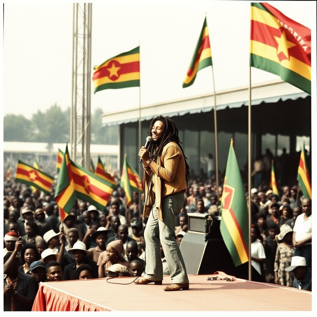 Bob Marley performing at Zimbabwe's independence celebration, a key moment in Bob Marley Reggae and Revolution history