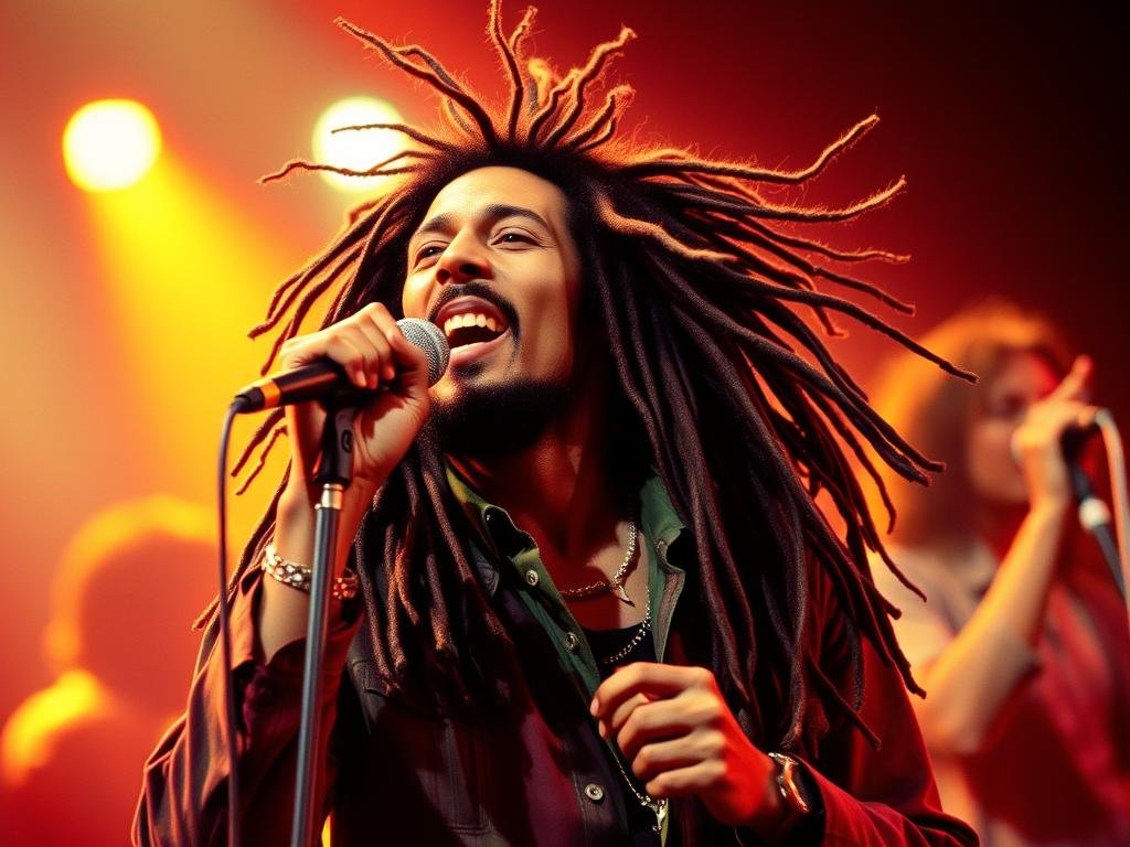Bob Marley performing on stage with The Wailers, embodying Bob Marley Reggae and Revolution through passionate performance