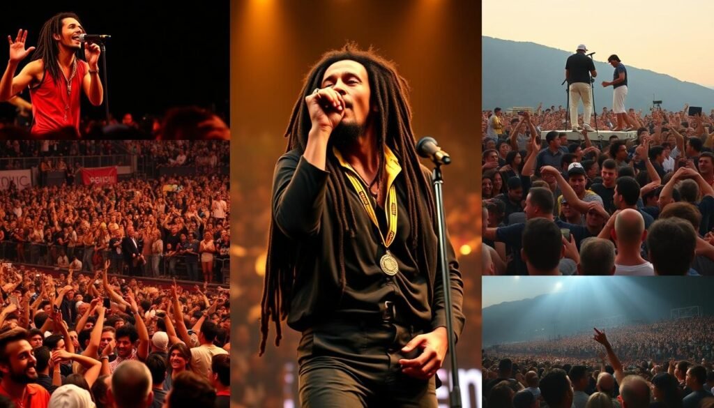 Bob Marley performing to diverse international crowds, showing the global spread of Bob Marley Reggae and Revolution