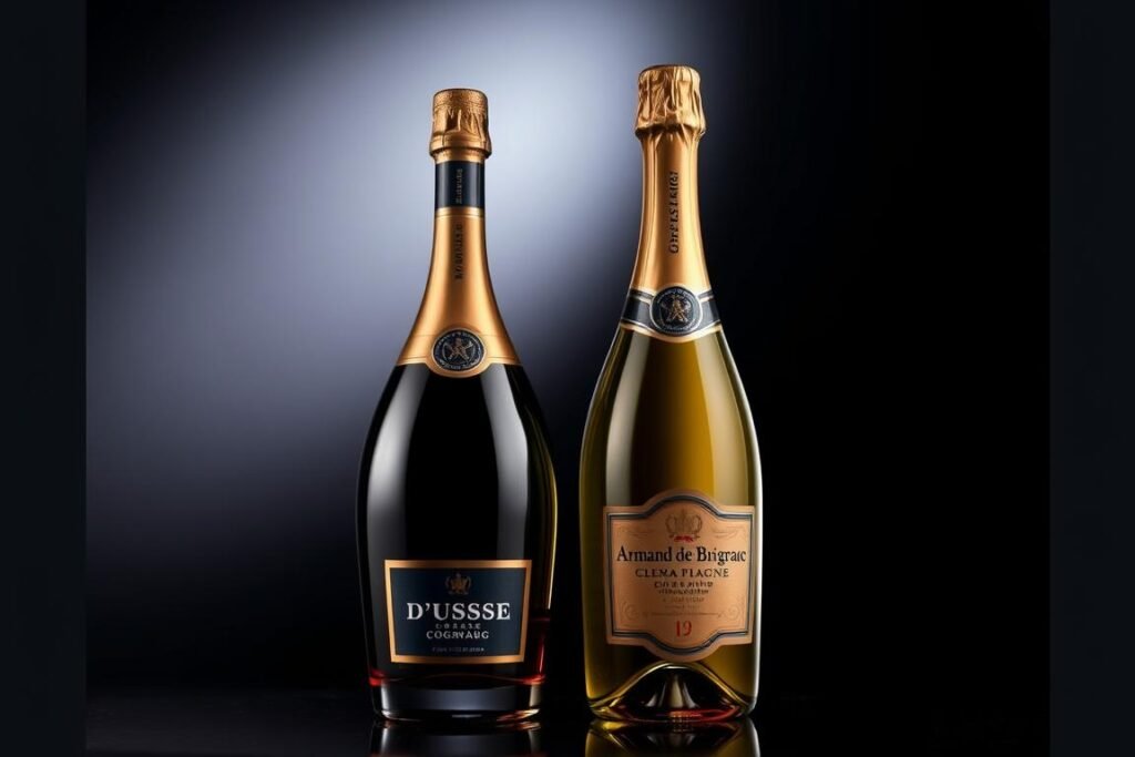 Bottles of D'Ussé cognac and Armand de Brignac champagne, key components in Jay-Z's billionaire journey