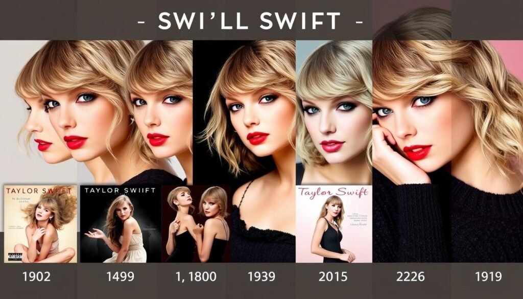 Collage showing the evolution of Taylor Swift's album covers and aesthetics