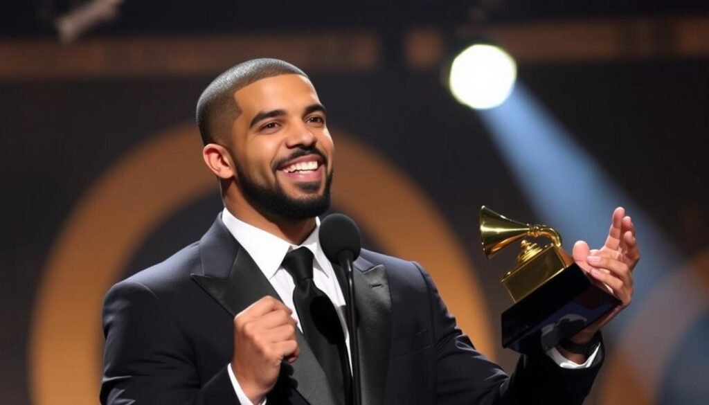 Drake accepting a major music award, symbolizing his global domination after Degrassi
