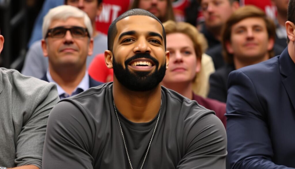 Drake courtside at a Toronto Raptors game, showing his cultural influence beyond music in his journey from Degrassi to global domination