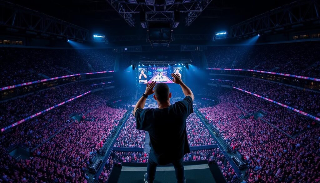 Drake performing to a massive stadium crowd, illustrating his global domination after starting on Degrassi