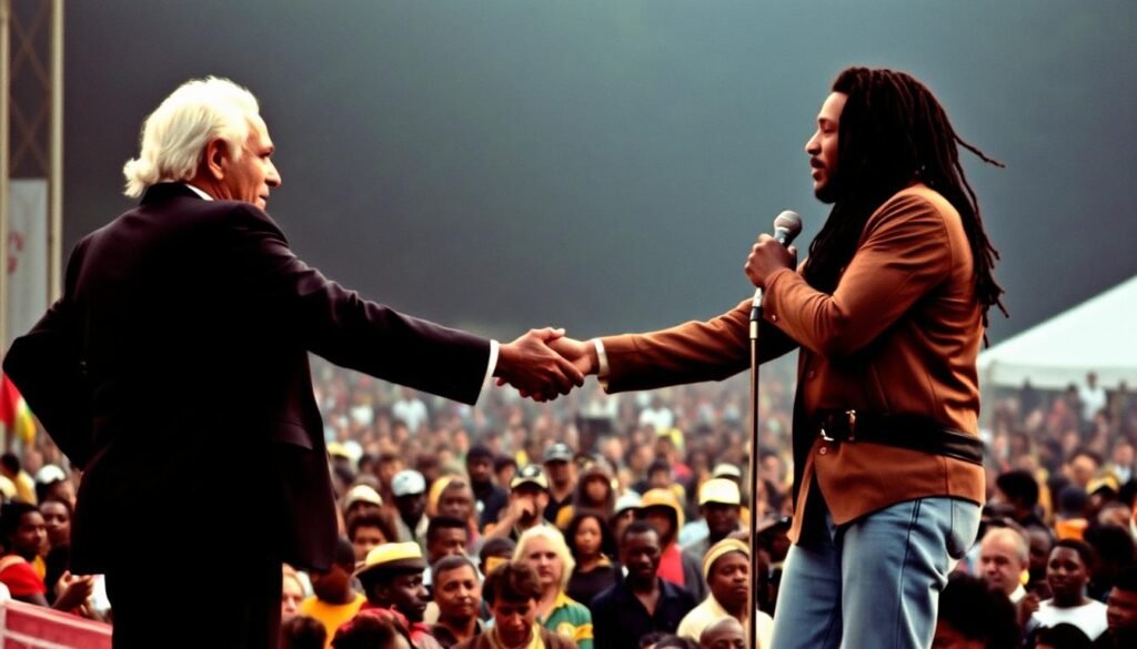 Historic One Love Peace Concert with Bob Marley uniting political rivals on stage, a pivotal moment in Bob Marley Reggae and Revolution history