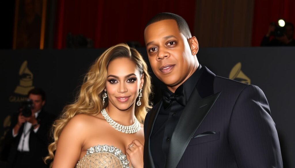 Jay-Z and Beyoncé at a high-profile event, representing their combined wealth and influence on the billionaire journey