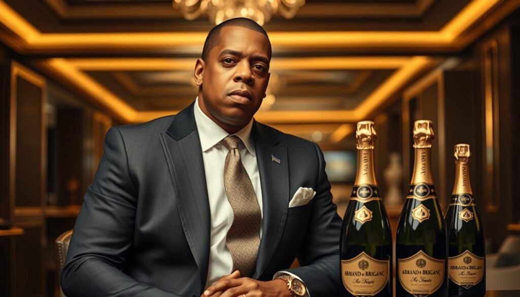 Jay-Z in a business setting with luxury champagne Armand de Brignac, a key component of his billionaire journey