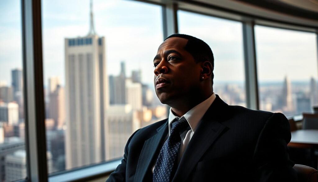 Jay-Z in a contemplative business setting, representing the culmination of his billionaire journey