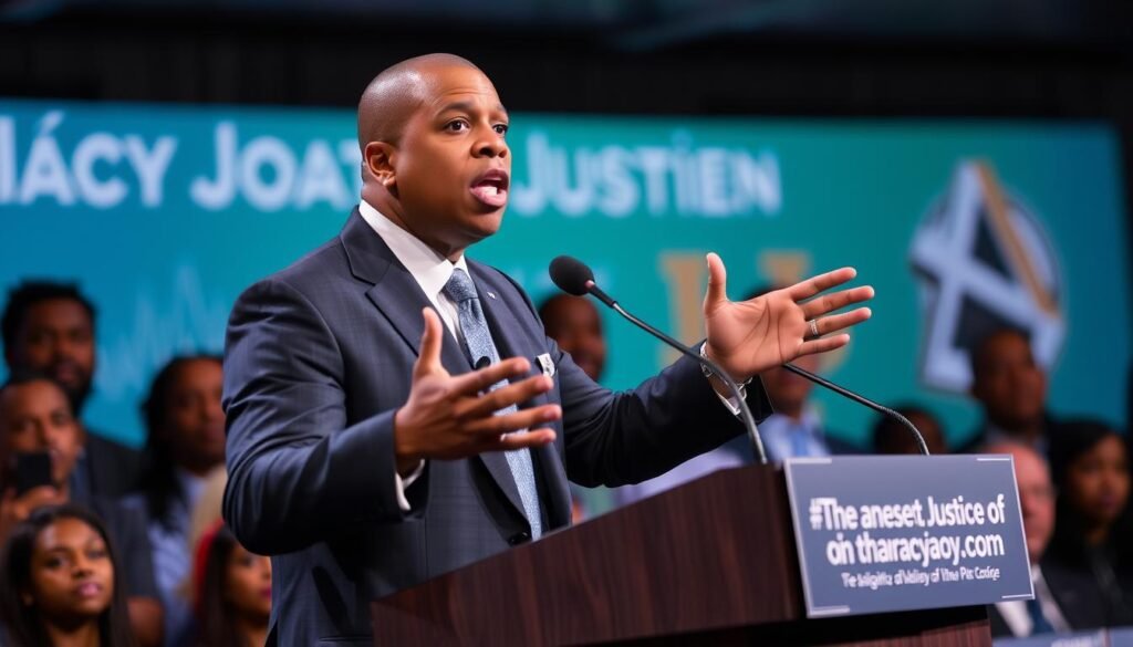 Jay-Z speaking at a social justice event, highlighting the cultural impact aspect of his billionaire journey