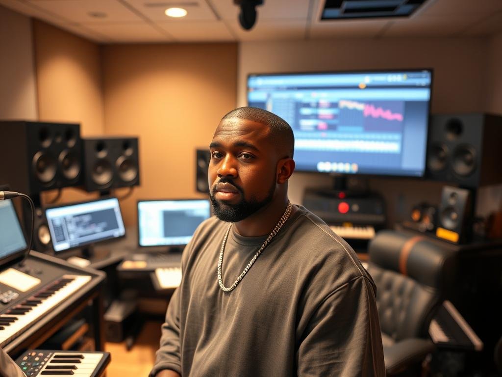 Kanye West in his studio surrounded by equipment