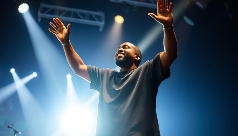 Kanye West performing on stage with dramatic lighting