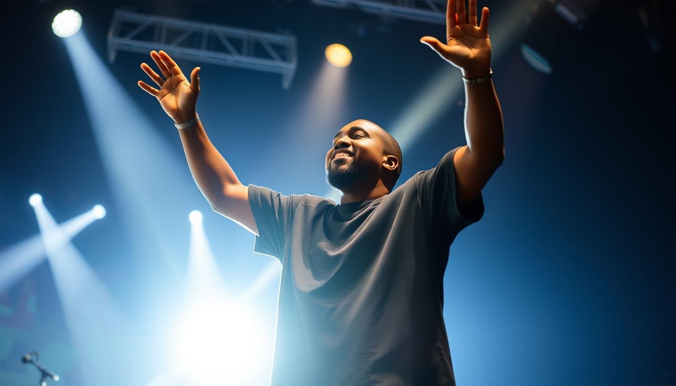 Kanye West performing on stage with dramatic lighting