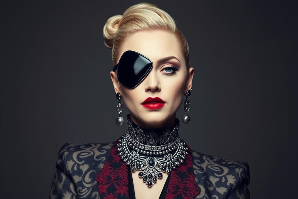 Madonna in her Madame X persona with eye patch and elaborate costume, her latest reinvention as Queen of Reinvention