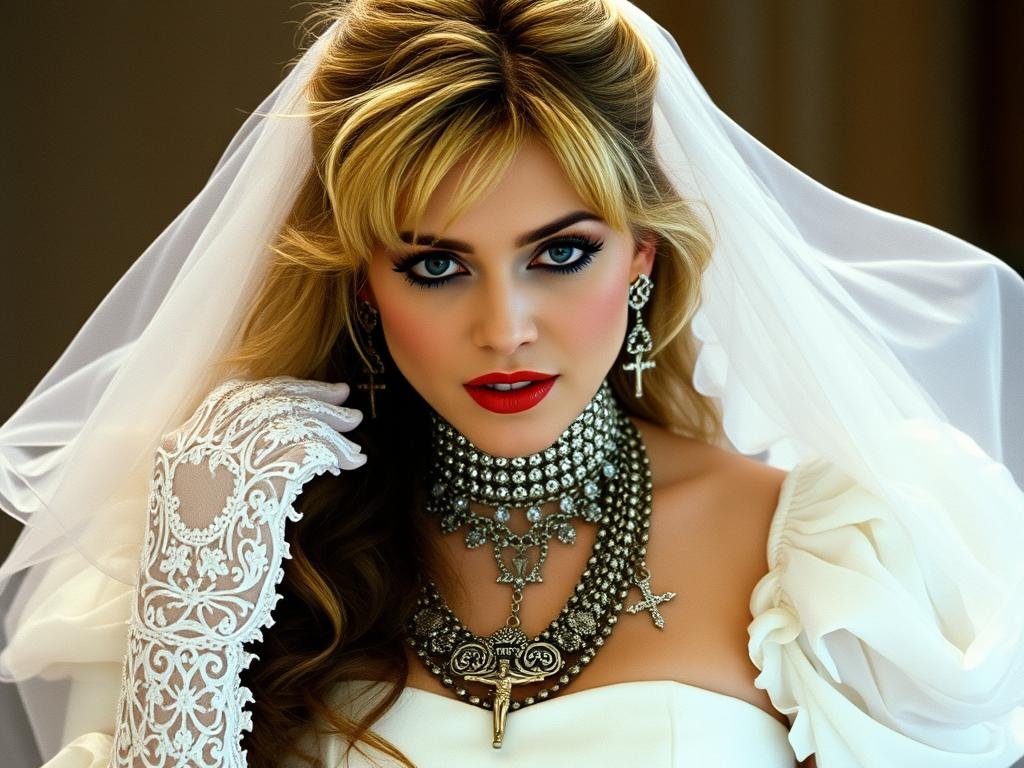 Madonna in her iconic 'Like a Virgin' outfit with wedding dress and Boy Toy belt, representing her first major reinvention