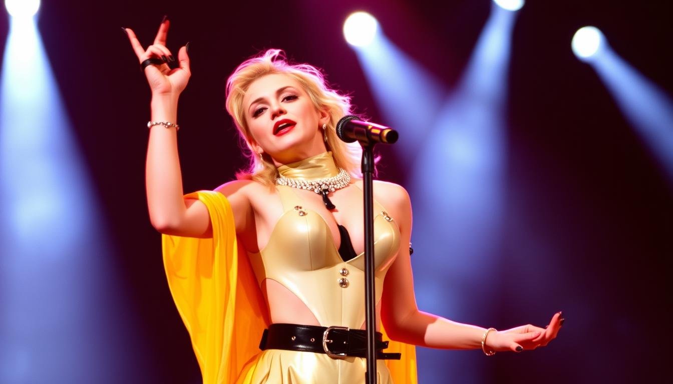 Madonna performing on stage during her Blonde Ambition tour, showcasing her iconic cone bra costume as the Queen of Reinvention