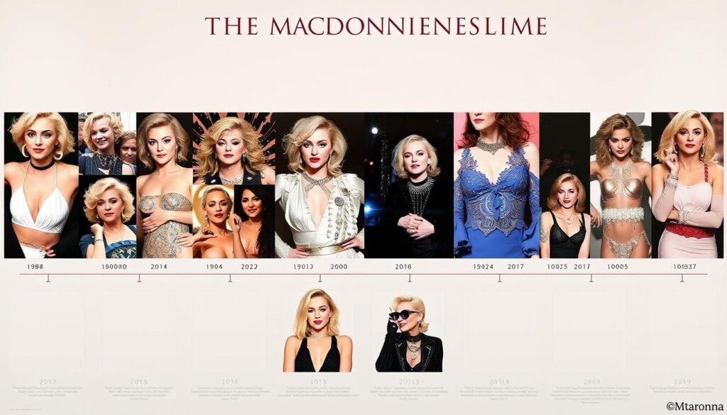 Madonna through the decades showing her evolution as the Queen of Reinvention from the 1980s to 2020s