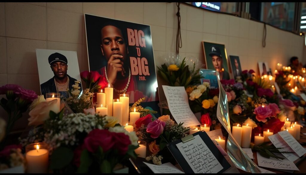 Memorial tribute to The Notorious B.I.G. with candles and photos