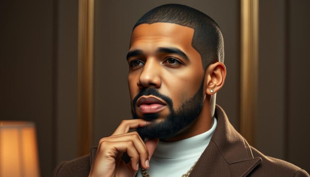 Modern Drake looking reflective, symbolizing his journey from Degrassi to global domination
