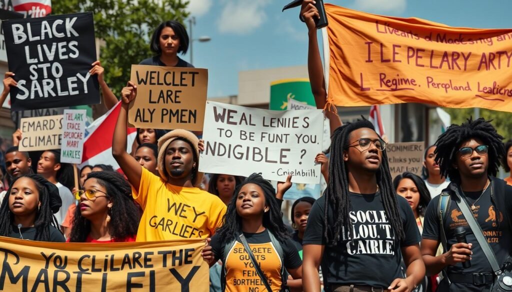 Modern protest movements using Bob Marley imagery and music, showing the continuing impact of Bob Marley Reggae and Revolution