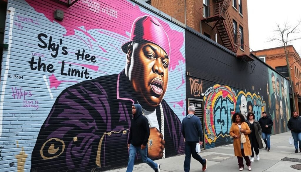 Mural of The Notorious B.I.G. with Sky's the Limit lyrics