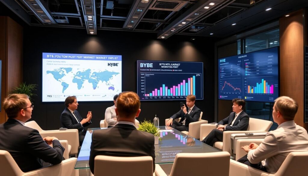 Music industry executives and BTS representatives at a business meeting discussing the K-Pop takeover