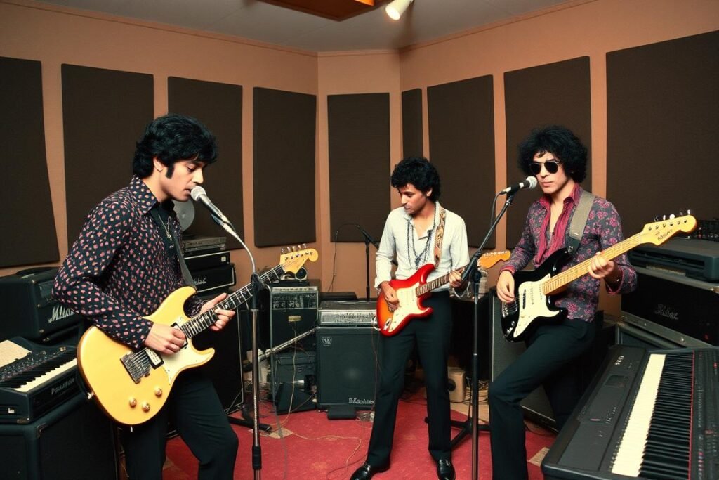 Prince and The Revolution band members during the Purple Rain recording sessions in 1983
