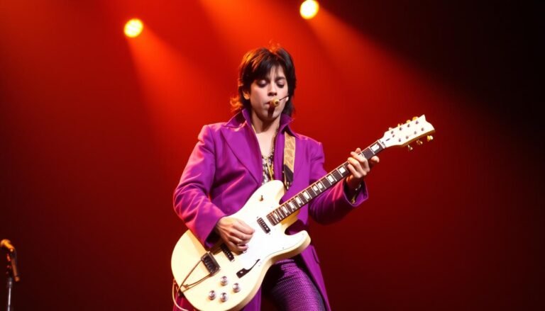 Prince performing Purple Rain on stage with his iconic cloud guitar during the Purple Rain tour in 1984