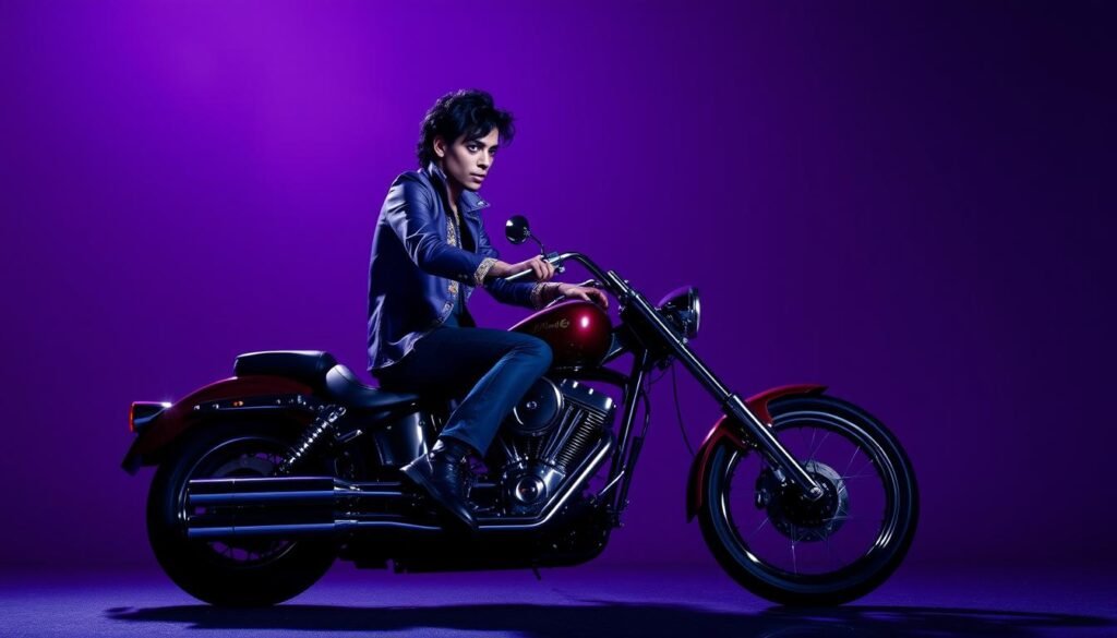 Prince's iconic Purple Rain album cover featuring him on a motorcycle against a purple background