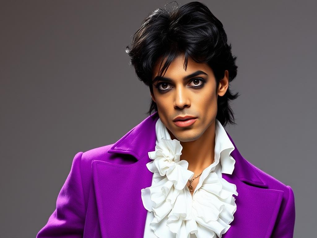 Prince's iconic Purple Rain-era fashion featuring ruffled shirts, purple coat, and signature style
