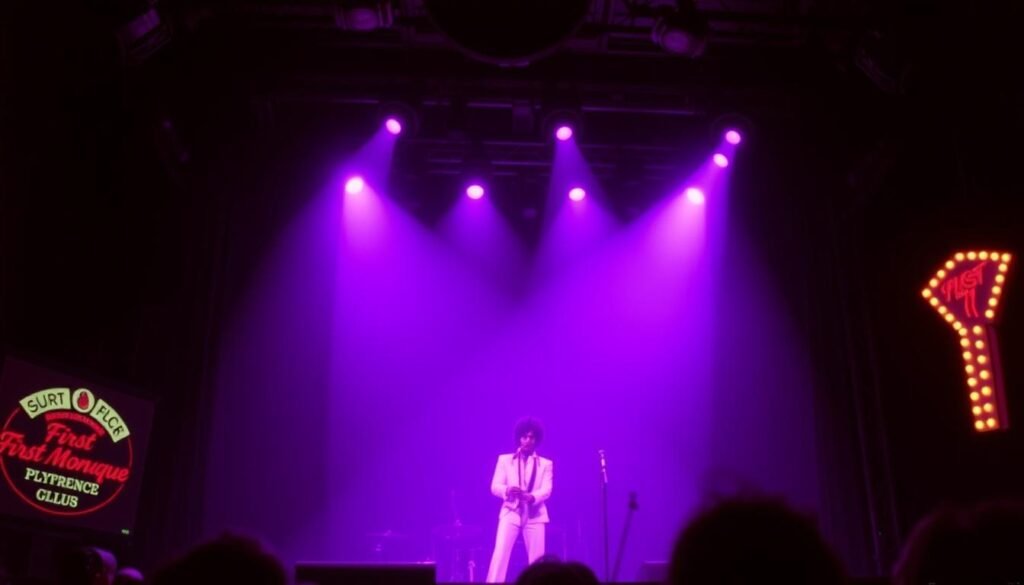 Scene from the Purple Rain film showing Prince performing on stage at First Avenue