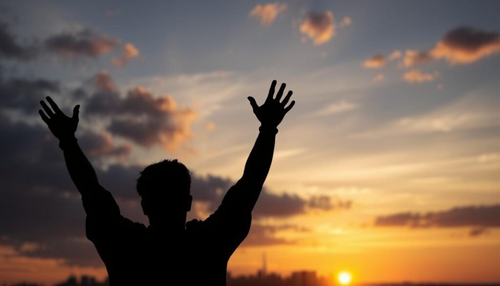 Silhouette of person reaching toward sky with city skyline in background