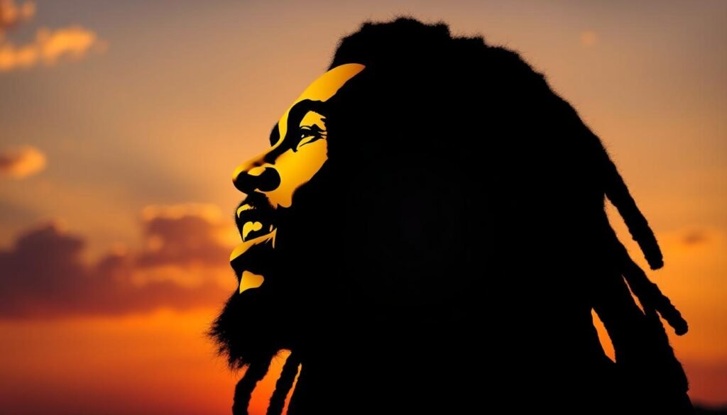 Sunset silhouette of Bob Marley's profile with raised fist symbol, representing the enduring spirit of Bob Marley Reggae and Revolution