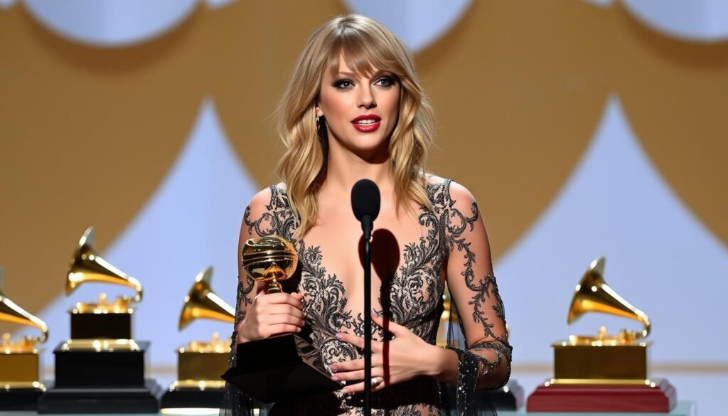 Taylor Swift accepting a lifetime achievement award with multiple Grammy trophies