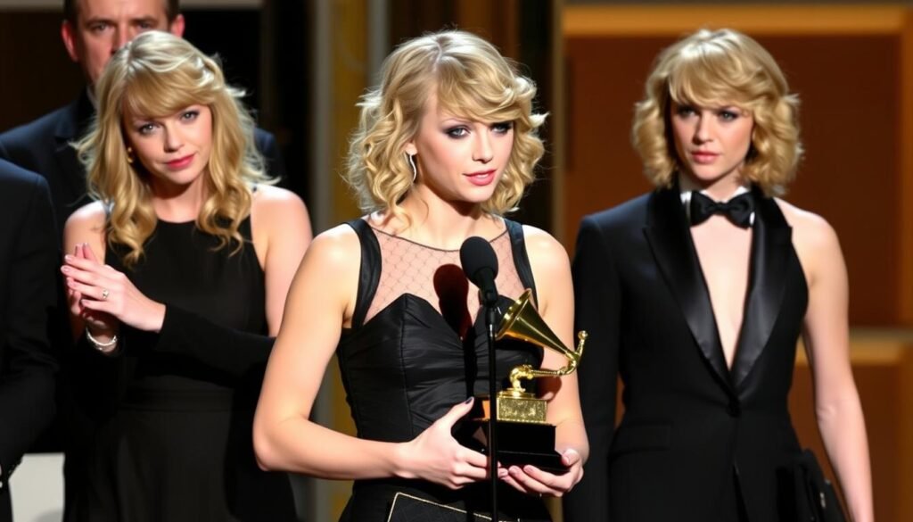 Taylor Swift accepting her first Grammy Award for Fearless album