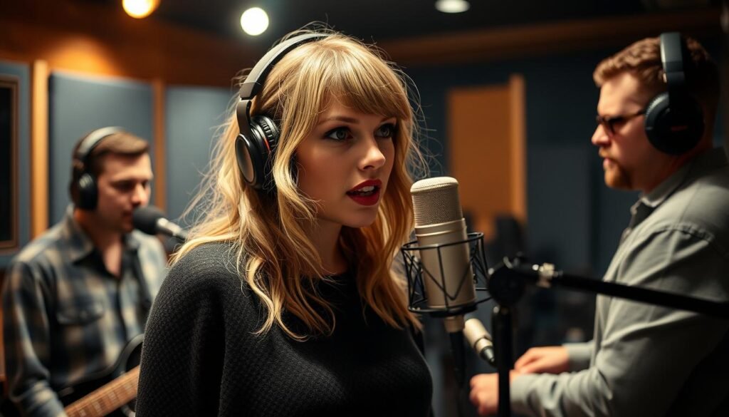 Taylor Swift in a recording studio working with producers