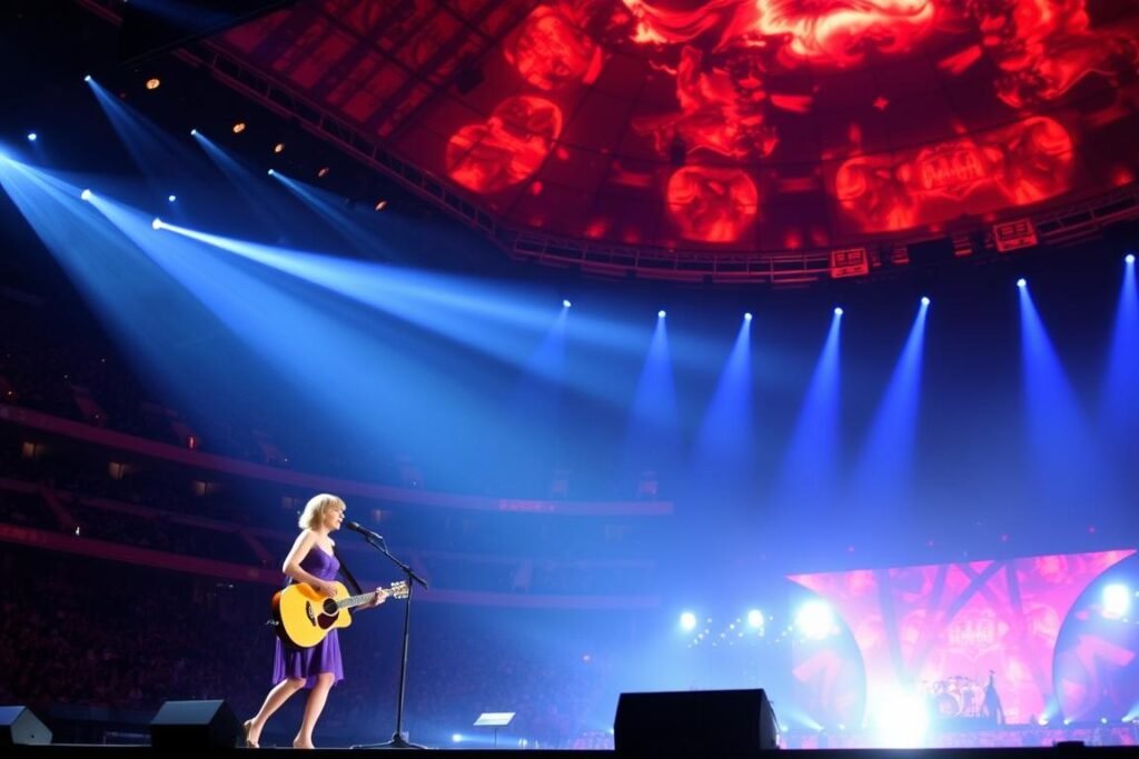 Taylor Swift performing during her Speak Now tour with elaborate stage production