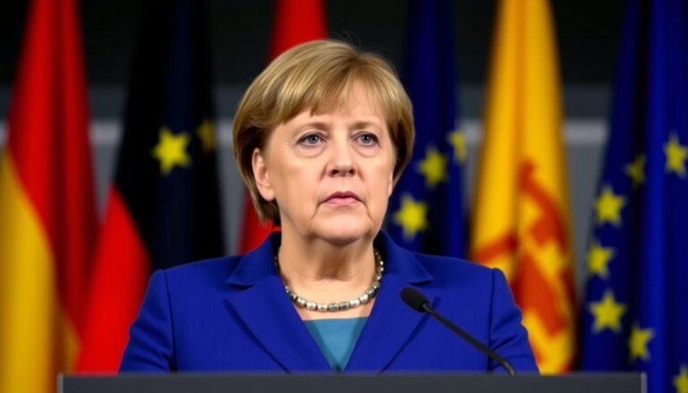 Angela Merkel speaking at a podium with German and EU flags