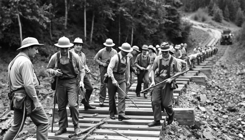 Franklin D. Roosevelt Leading Through Crisis - CCC workers building infrastructure during the New Deal era