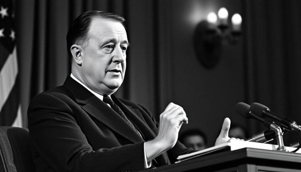 Franklin D. Roosevelt Leading Through Crisis - FDR addressing the nation with confident posture during difficult times