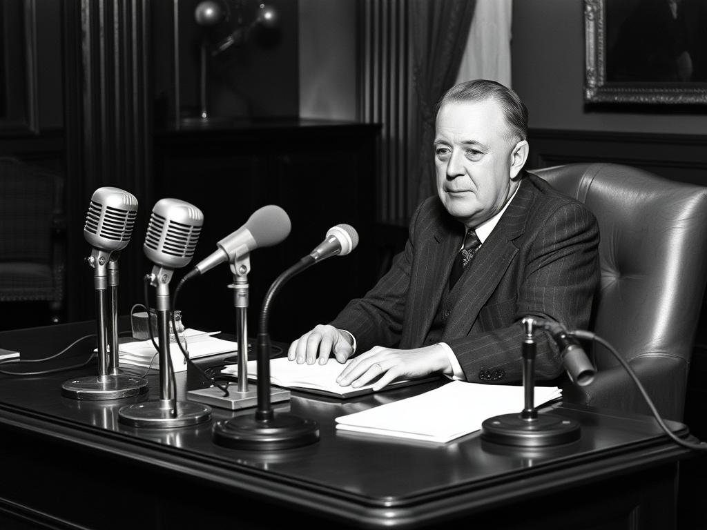 Franklin D. Roosevelt Leading Through Crisis - FDR delivering a fireside chat via radio broadcast