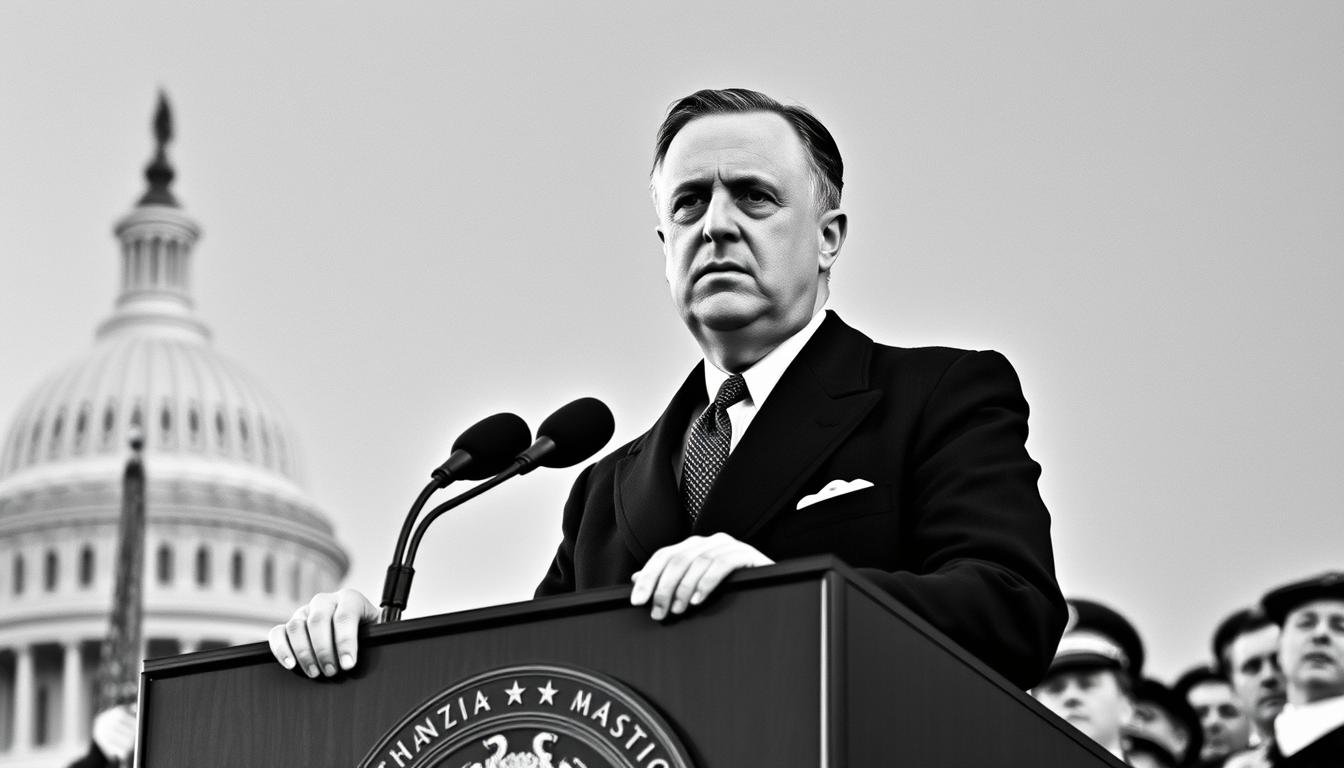 Franklin D. Roosevelt Leading Through Crisis - FDR delivering his famous first inaugural address in 1933