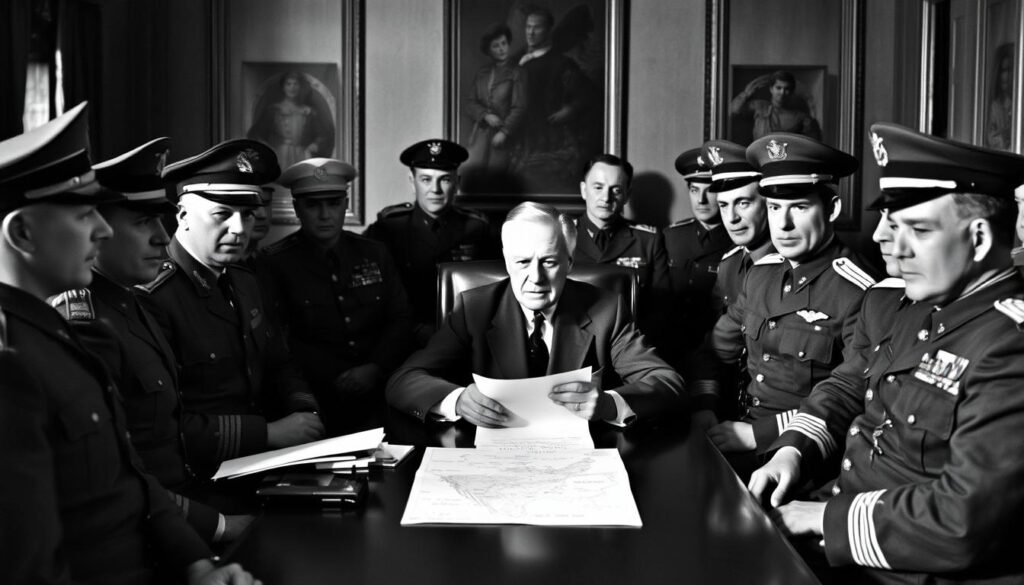 Franklin D. Roosevelt Leading Through Crisis - FDR meeting with military leaders during WWII