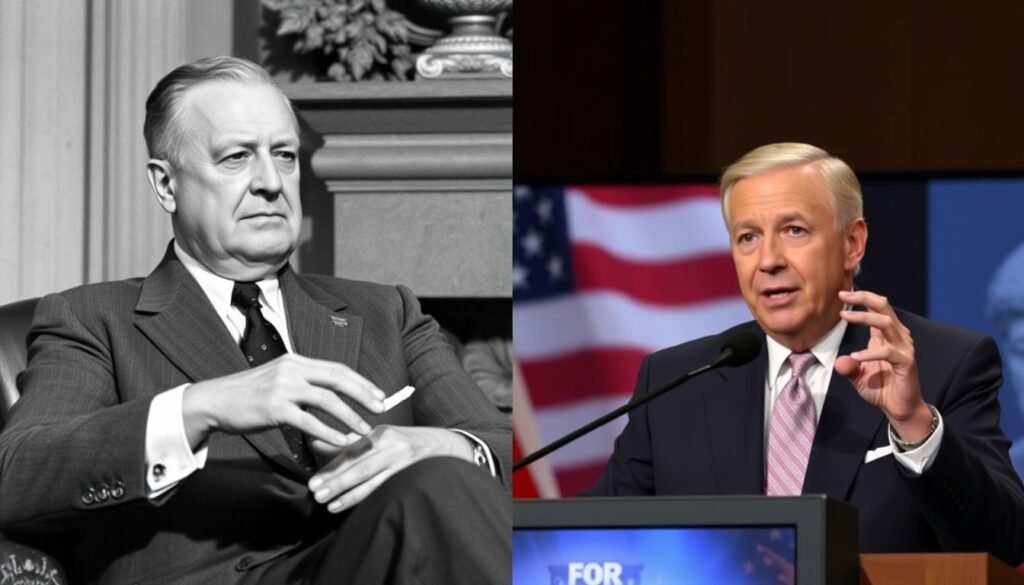 Franklin D. Roosevelt Leading Through Crisis - Modern leader addressing nation during crisis, showing parallel to FDR's approach