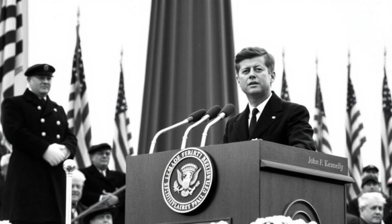 John F. Kennedy delivering his inaugural address on January 20, 1961, where he spoke his famous 'Ask not what your country can do for you' line