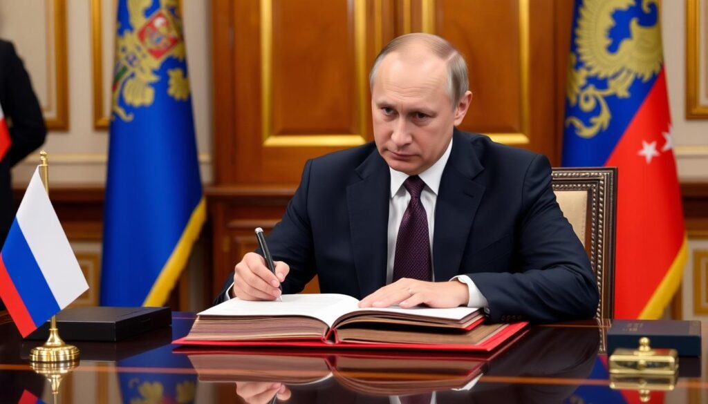 Vladimir Putin signing constitutional amendments